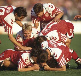 Denmark celebrate John Jensen's goal in the Euro 92 final